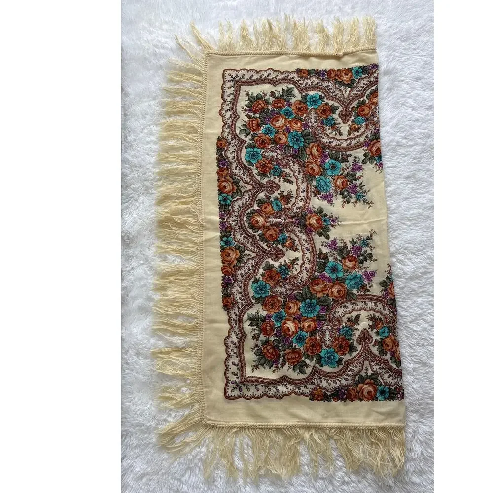 1970s Vintage Floral Hand-Knotted Fringe Shawl Scarf Boho Folk Cotton Wrap